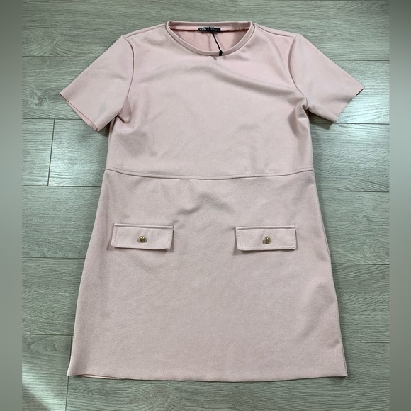 Zara Faux Suede Pink Mod Short Sleeve Shift Mini Dress - Picture 3 of 9